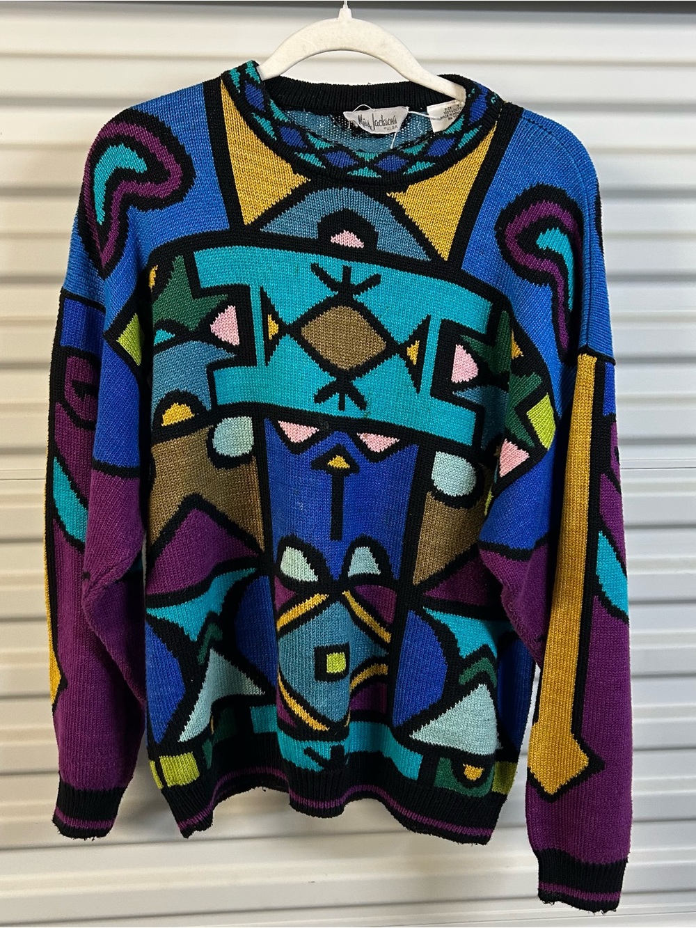 Colorful Geometric Crewneck Sweater in Blue & Purple by Vintage Vibes